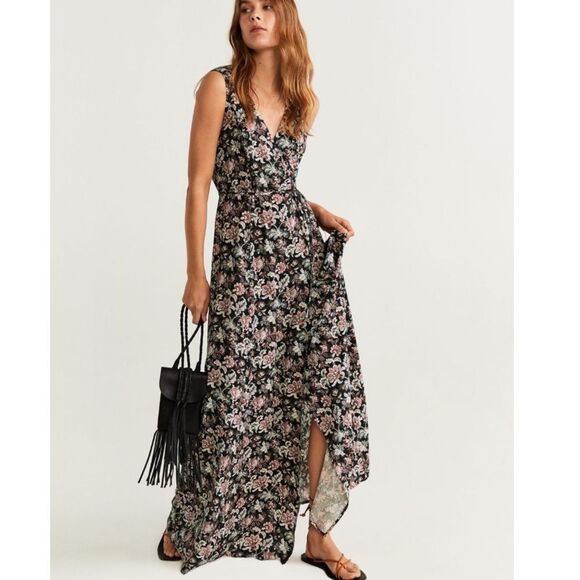 MNG Mango Black Floral Sleeveless Maxi Wrap Dress Dark Romantic European Size 4 - Picture 1 of 10